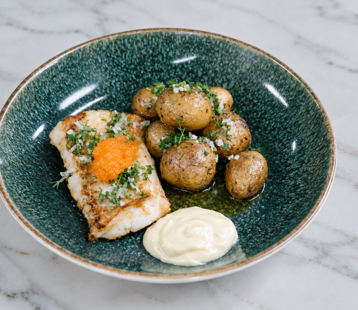 Torskrygg med löjrom, citronaioli & brynt smör