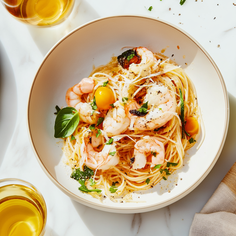 Räkpasta med tomat & basilika