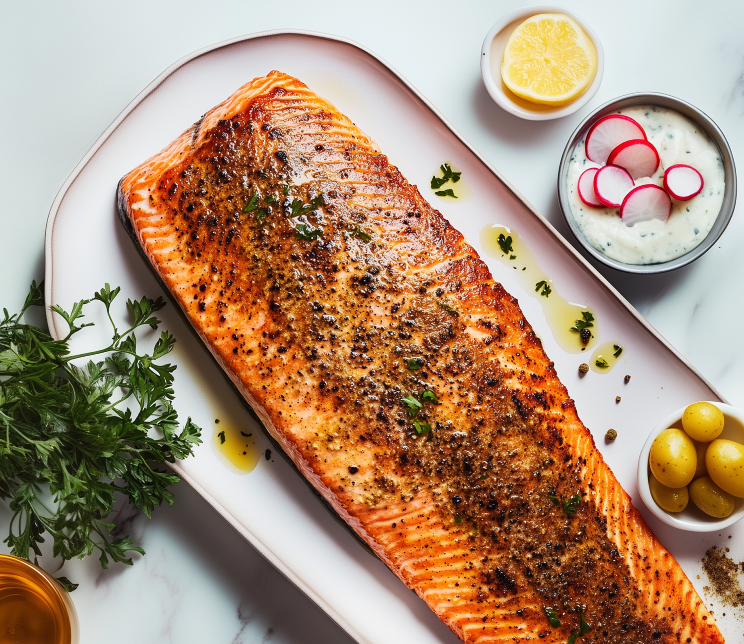 Grillad laxsida med färskpotatis och romsås