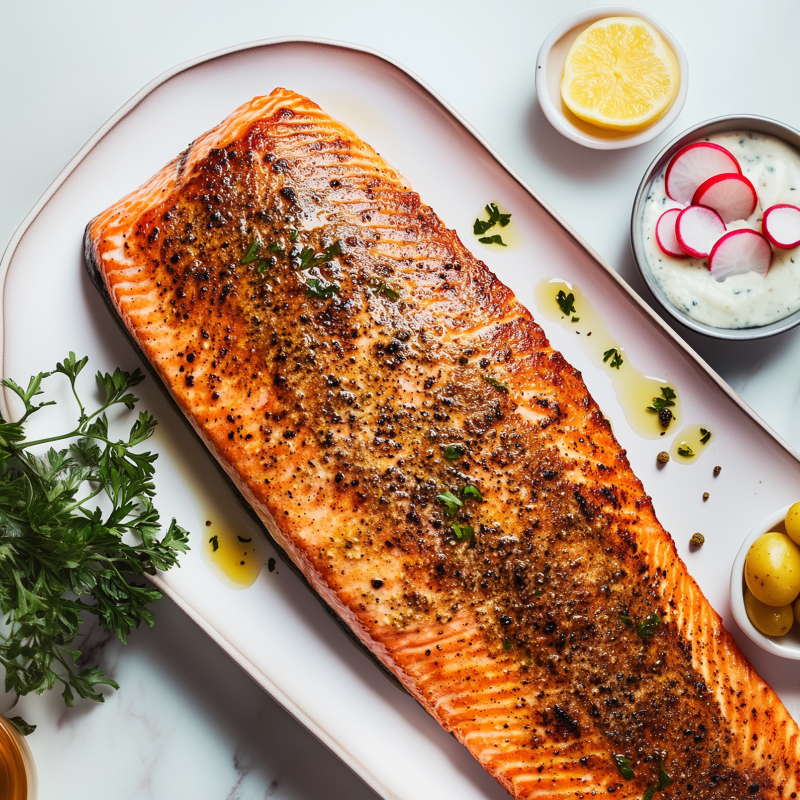 Grillad laxsida med färskpotatis och romsås