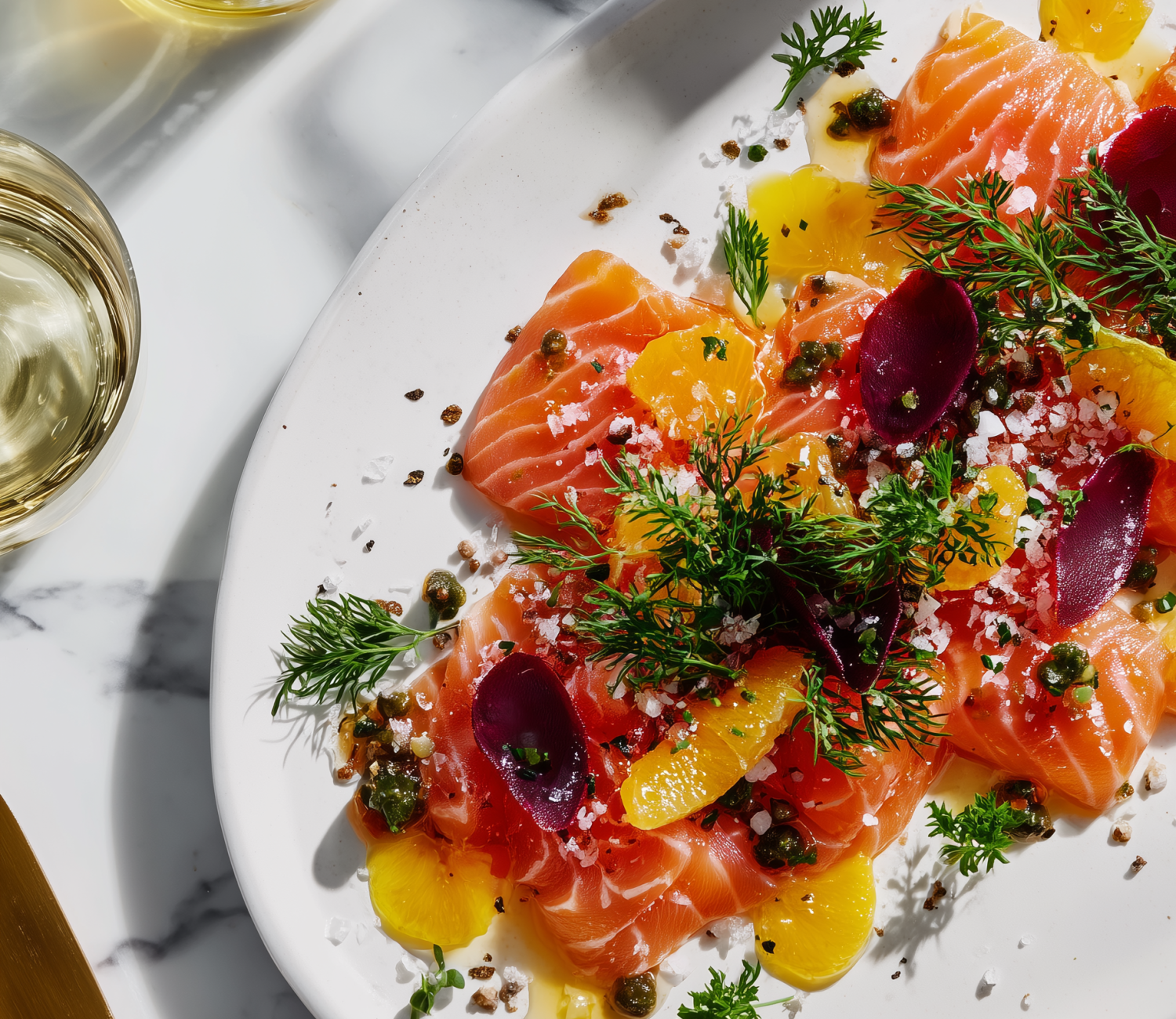 Rödbetsgravad lax med apelsin, dill och rosépeppar