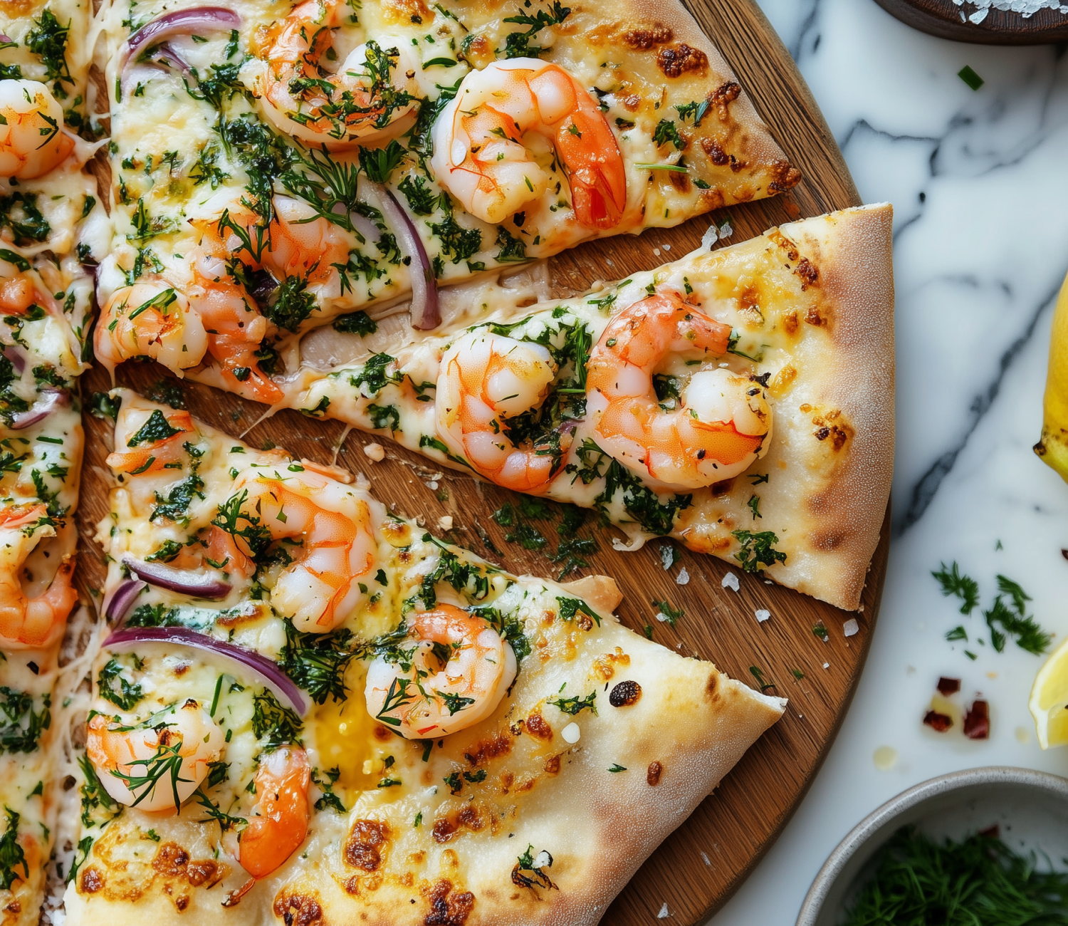 Lyxig räkpizza med vitlökssmör