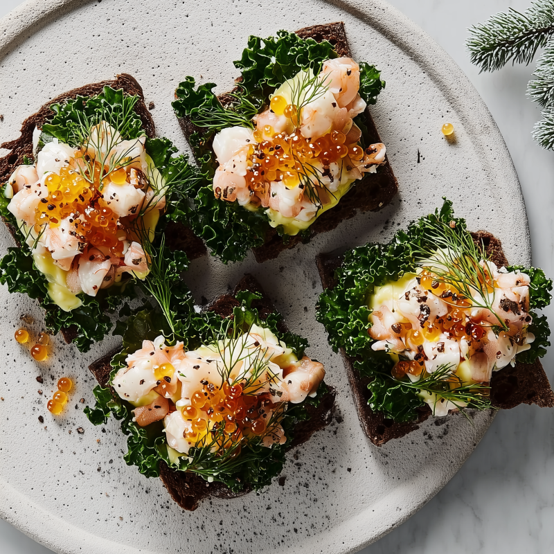Julig Toast Skagen med grönkål och rosépeppar