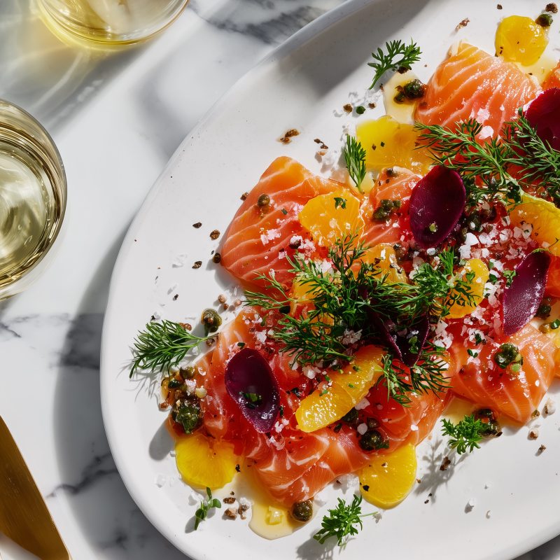 Rödbetsgravad lax med apelsin, dill och rosépeppar