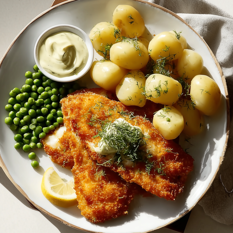 Panerad rödspätta med kokt potatis & remouladsås