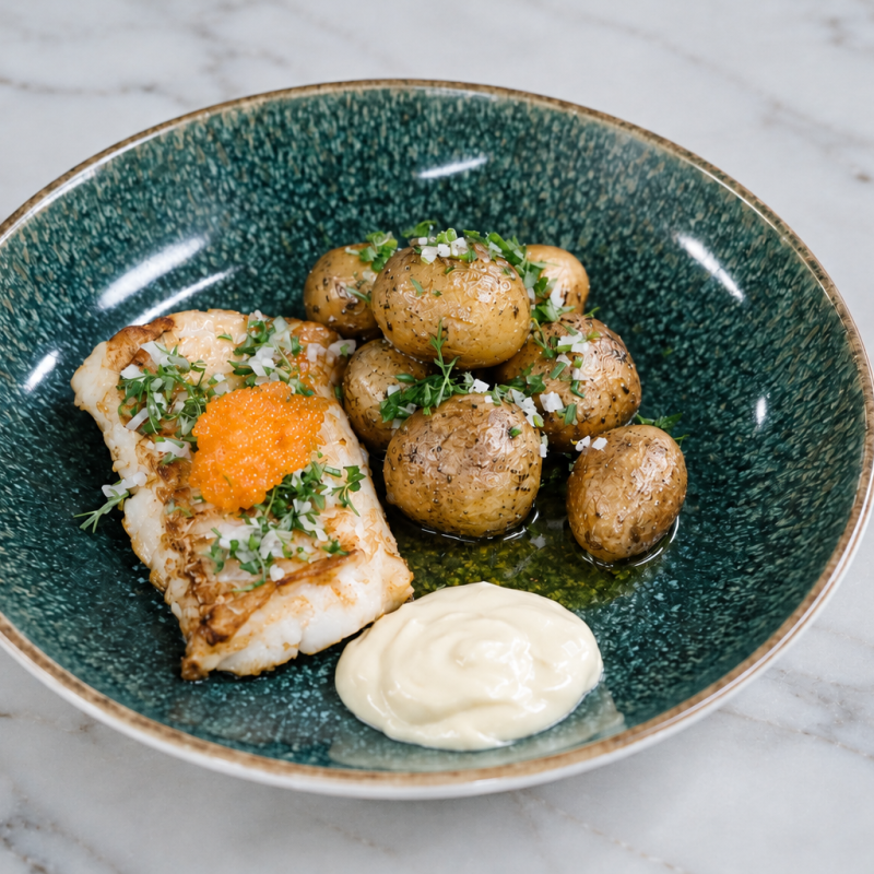 Torskrygg med löjrom, citronaioli & brynt smör